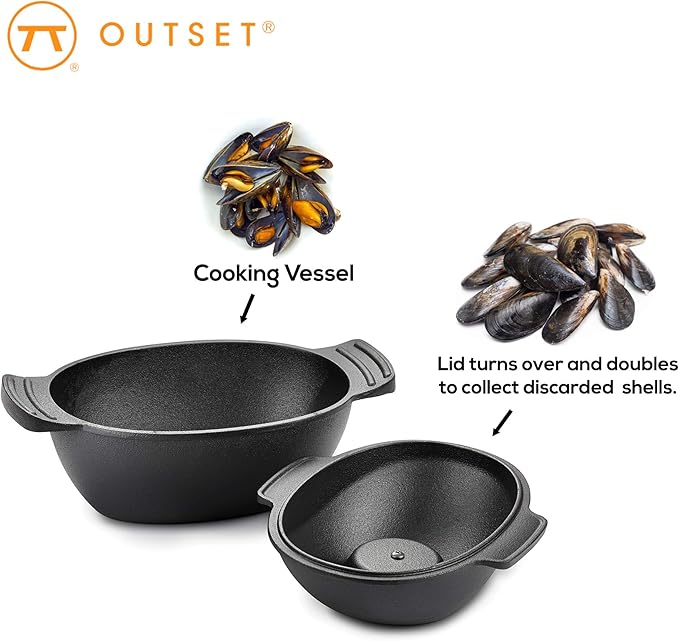 Outset 76495 Cast Iron Seafood and Mussel Pot with Lid for Empty Shells, 2.5 Quart, Black