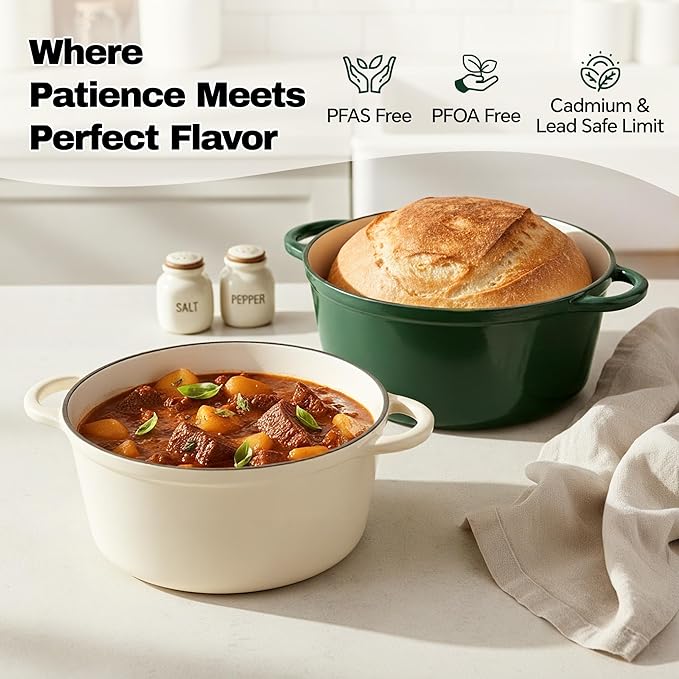 4.5 Quart Dutch Oven Pot with Lid, Non Stick Enameled Cast Iron Dutch Oven for Bread Baking, Heavy-Duty, Oven Safe Ceramic Cookware Up to 500°F for Baking, Braising, Stews, Roasting, Green