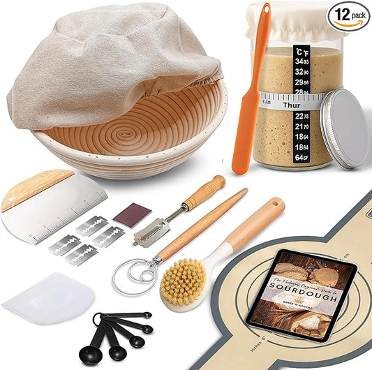 Complete Sourdough Starter Kit and Sourdough Bread Baking Supplies - Includes 9" Banneton Proofing Basket, 34oz Sourdough Starter Jar, Silicone Bread Sling, Scrapers, Bread Lame and Measuring Spoons