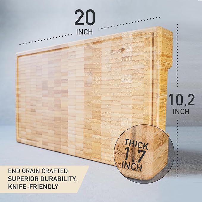 Bamboo Cutting Board, 19.7 x 12.2 Inch (ExtraThick 1.7") Premium Quality & Professional Butcher Block. Heavy Duty End Grain Wood Chopping Board (Oil & Plate Included)