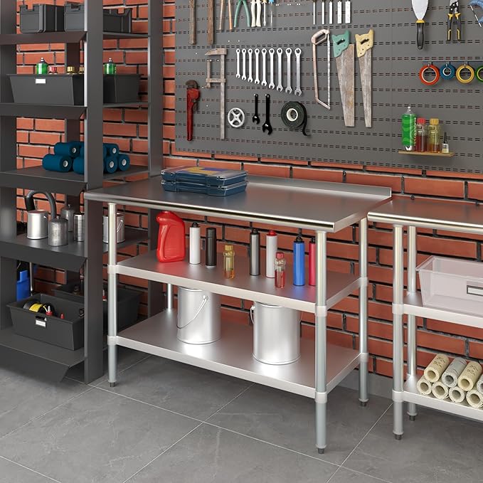 AmGood Stainless Steel Work Table with 1.5" Backsplash and 2 Shelves | NSF (48" Long x 24" Deep)