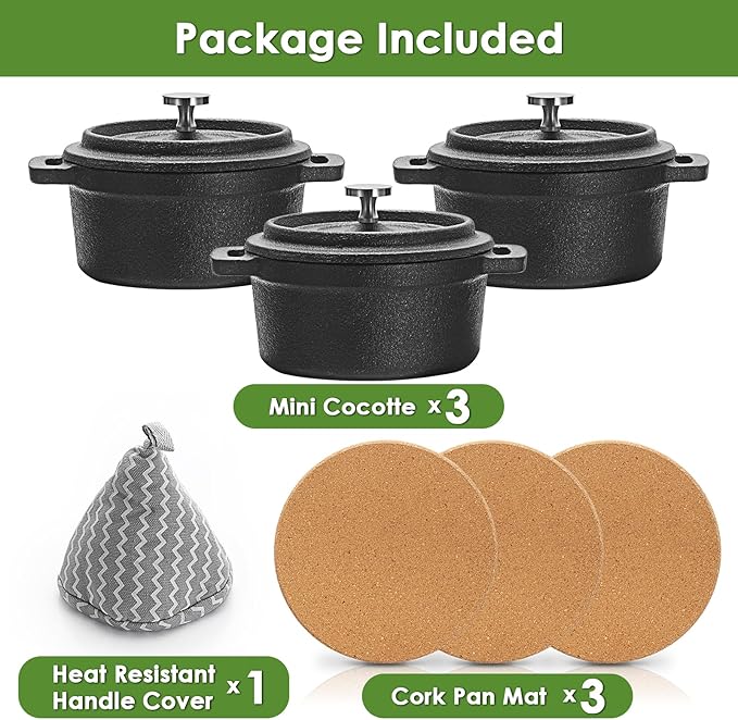 3 Pcs Mini Cast Iron Dutch Oven Set – 8 oz Garlic Roaster Cocotte Pots with Lids, Handles and Cork Pan Mats Small Cast Iron Pots for Baking, Roasting, BBQ Grill, Stovetop and Oven Use