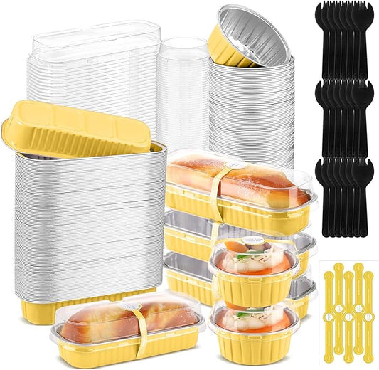 Suclain 600 Pcs Mini Loaf Pans with Lids and Spoons Sealing Stickers 6.8oz Disposable Aluminum Foil Muffin Baking Pans 5oz Cupcake Cups Cake Containers for Mothers Day Holidays Party Picnics(Gold)