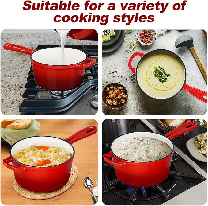 HaSteeL 1 QT Cast Iron Saucepan, Mini Enamel dutch oven with lid, Small Non Stick Pan for Milk, Pasta Tomato Sauce, Butter, Breakfast, Soup, Suitable for Boiling Stewing Frying, Easy to Clean, Red