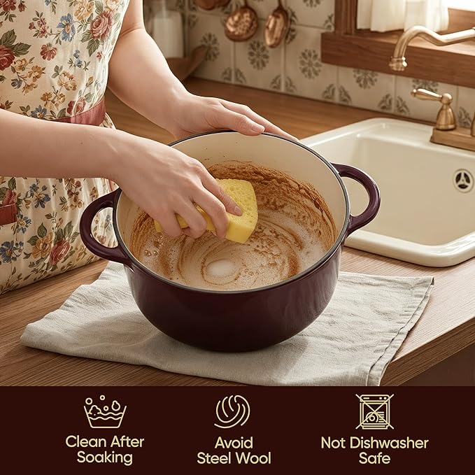Vintage Style 6 Quart Dutch Oven Pot with Lid, Non Stick Enameled Cast Iron Dutch Oven for Bread Baking, Heavy-Duty, Oven Safe Ceramic Cookware Up to 500°F for Baking, Braising, Stews, Roasting, Fig