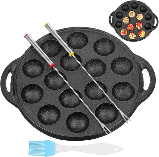 Cast Iron Takoyaki Pan with 15 Holes, Non-Stick Escargot Plate for Snails and Meatballs, Includes Forks and Brush, Compact Size for Home and Professional Use