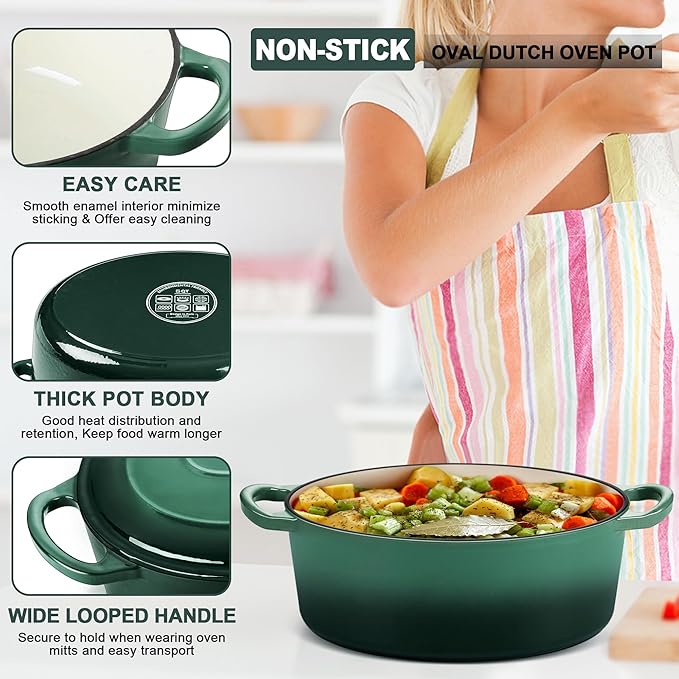 E-far 7QT Oval Dutch Oven Pot with Lid, Enameled Cast Iron Dutch Oven with Dual Handles, Heavy-Duty Cookware for Sourdough Bread Baking, Braising, Stews, Oven Safe & Easy Clean, Dark Green