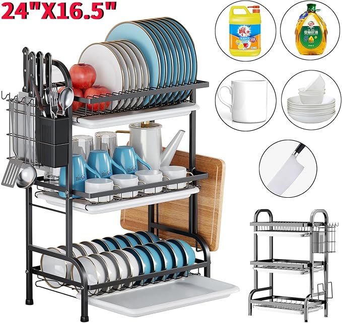 KUK 3 Tier Dish Drying Rack, Stainless Steel Over The Sink Dish with Drain Tray, Kitchen Dishes Drying Racks, Dish Racks for Kitchen Counter Storage (Black)