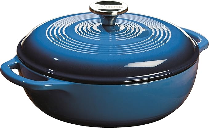 Lodge 3 Quart Enameled Cast Iron Dutch Oven with Lid – Dual Handles – Oven Safe up to 500° F or on Stovetop - Use to Marinate, Cook, Bake, Refrigerate and Serve – Caribbean Blue