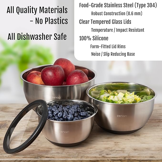 Premium Quality/Heavier Gauge Metal Mixing Bowls Stainless Steel Mixing Bowls with Lids Set 3-Piece Dishwasher-Safe Clear Glass Lids, No Plastics