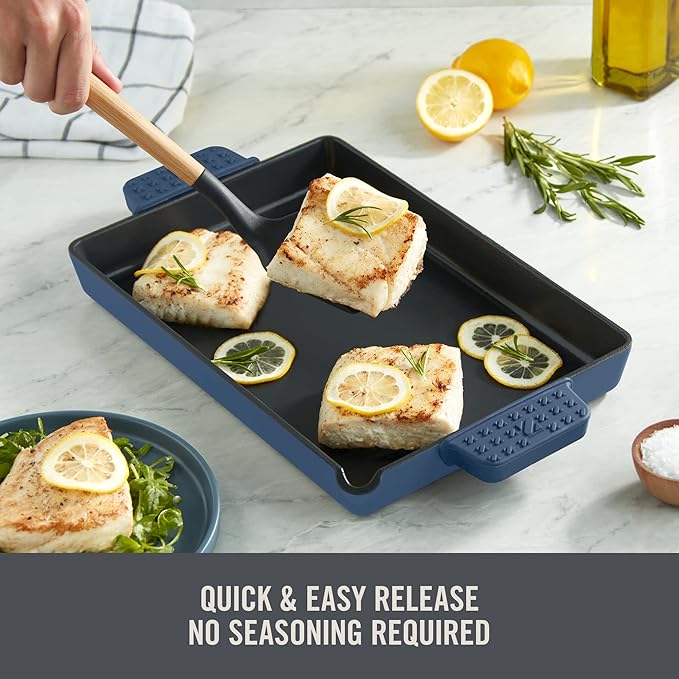 DASH Zakarian by Dash 9"x13" Nonstick Cast Iron Pan with Pour Spout and Removable Silicone Grips for Searing, Baking, Broiling, Grilling and more - Blue