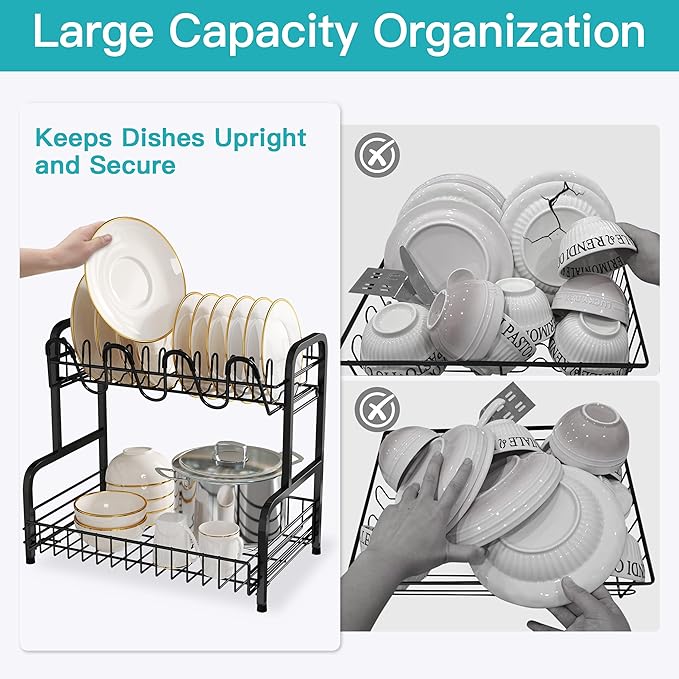 romision Capacity Dish Drainers Drying Rack, Metal Stainless Steel Rust Proof Plate Strainers Holder with Drainboard Tray, Space Saving, On Counter 2 Tier, Black
