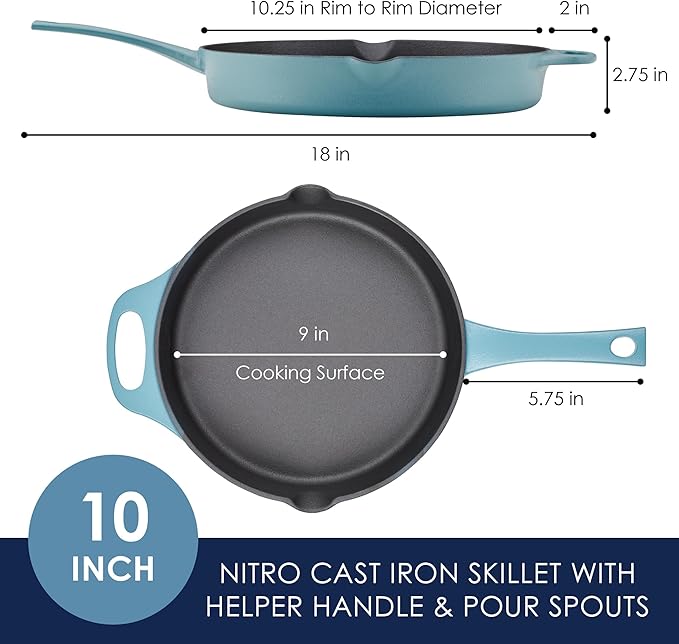 Rachael Ray NITRO Cast Iron Fryin Pan/Skillet with Helper Handle and Pour Spouts, 12 Inch - Agave Blue