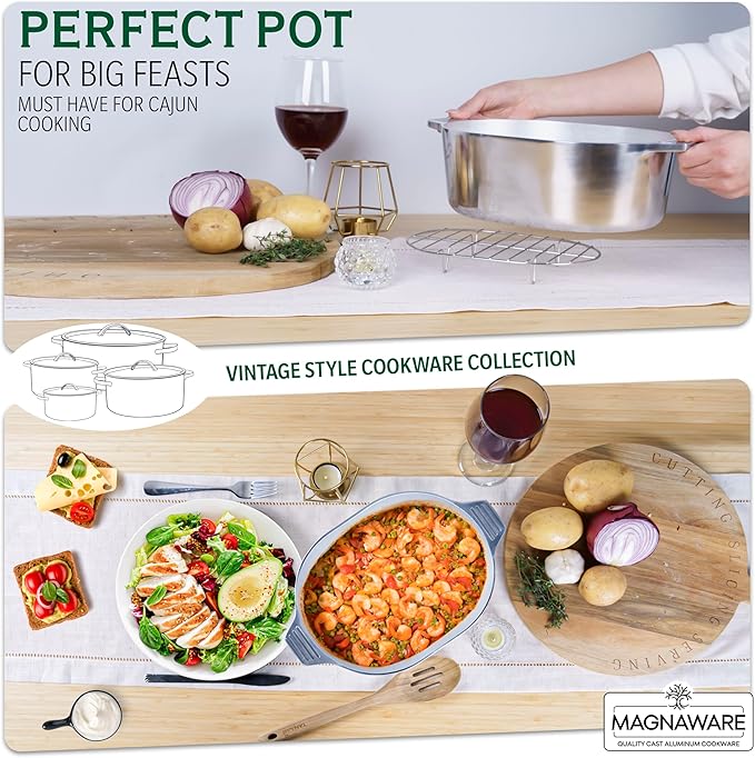 Cast Aluminum Oval Dutch Oven with Lid — 5 QT Heavy Duty Roaster Pan with Rack & Silicone Cover Dual Handles — Cajun Cookware for Roasting, Baking, Cooking (11" Small)