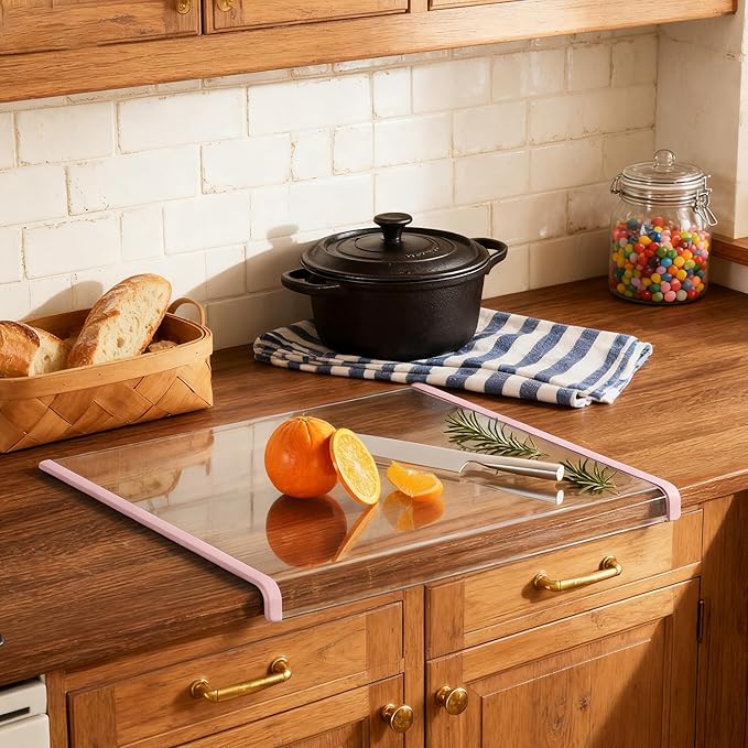 New & Improved Clear Tempered Glass Cutting Board for kitchen with Counter Lip, Large Cutting Board, Glass Chopping Board, Scratch-Resistant, Non-Slip (Pink)