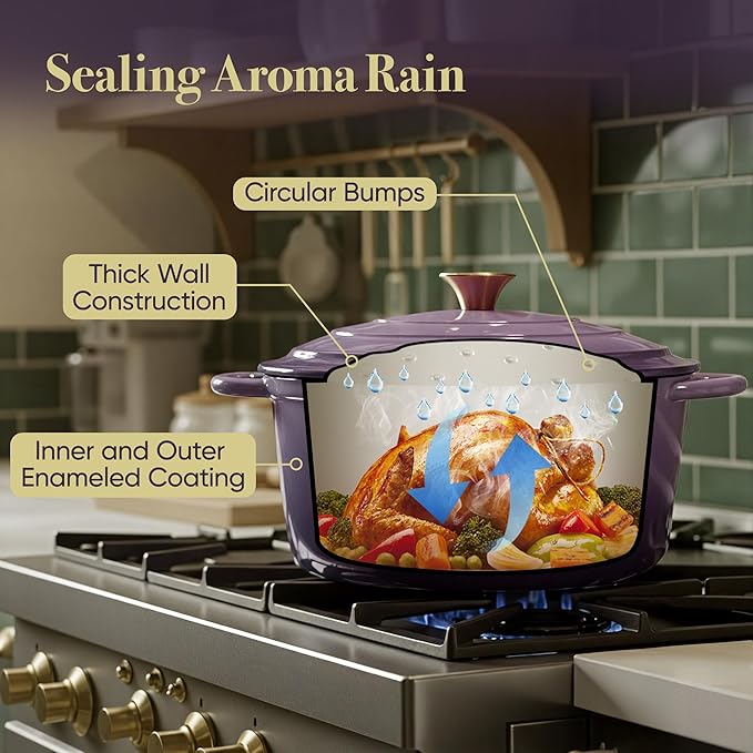 Vintage Style 6 Quart Dutch Oven Pot with Lid, Non Stick Enameled Cast Iron Dutch Oven for Bread Baking, Heavy-Duty, Oven Safe Ceramic Cookware Up to 500°F for Baking, Braising, Stews, Roasting, Purple