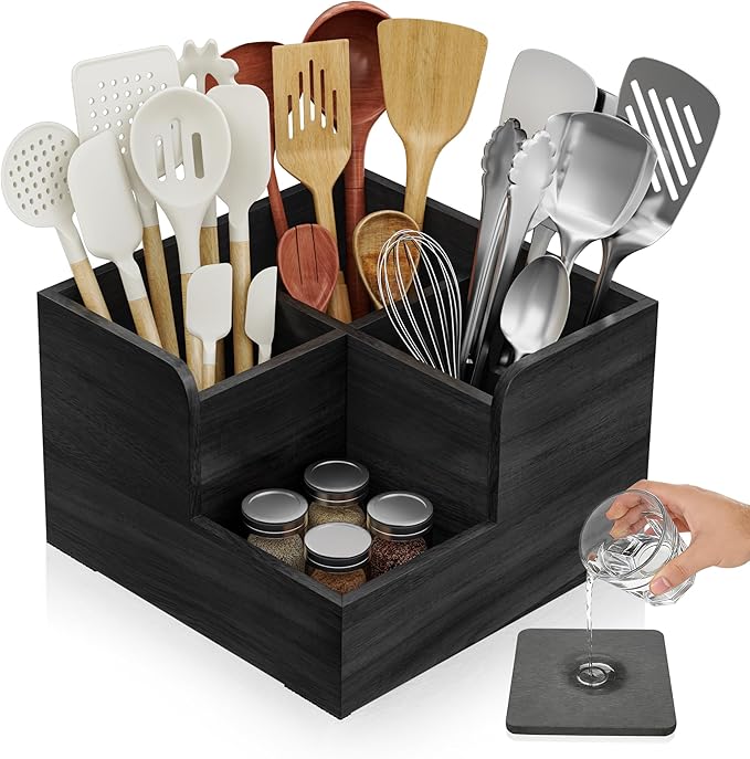 Yofidra Kitchen Utensil Holder with Stone Drying Mats, 4 Compartments Corner Utensil Holder for Kitchen Countertop, Extra Large Silverware Organizer (Black)