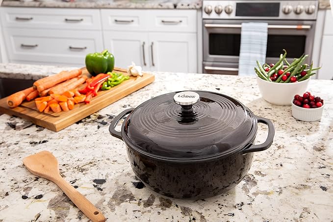 Lodge Essential Enamel Cast Iron Dutch Oven - Perfect for Bread Baking, Braising, Marinating & Slow Cooking - Features Moisture-Sealing Lid & Dual Handles - Kitchen Essentials - 6 Quarts - Midnight Chrome