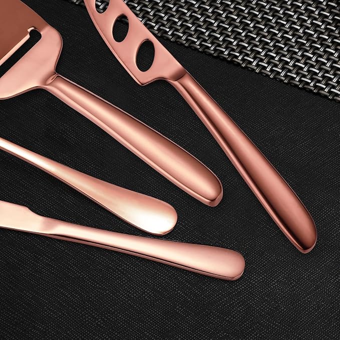 Rose Gold Cheese Knives Silverware 8 Pieces inlude dinning Knife Fork Spoon Stainless Steel Kitchen Gadget Baking Utensils Cooking Tool Multifunctional Durable