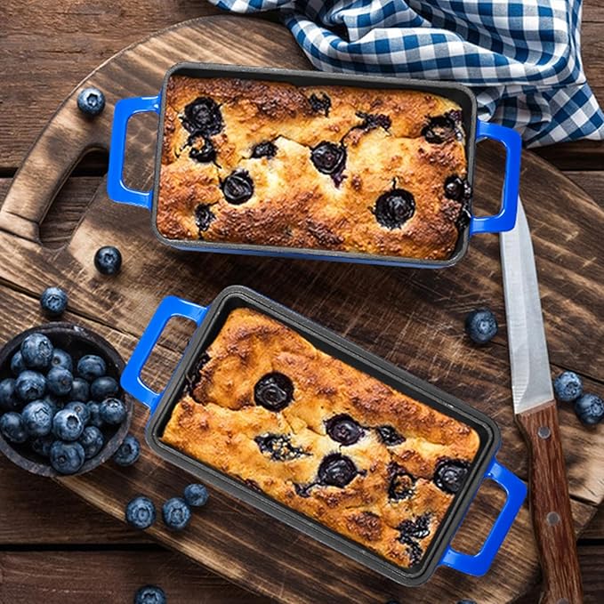 Leonyo 9 x 5 inch Cast Iron Loaf Pan Set of 2, 2-in-1 Enameled Sourdough Baking Pan with Lid, Homemade Bread Dutch Oven for Pound Cake, Lasagna, Up to 500℉ & Blue