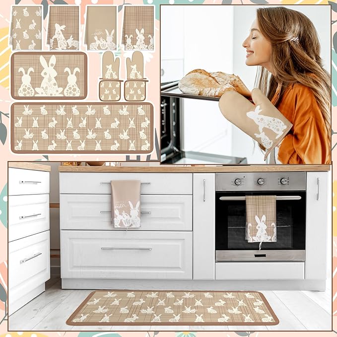 10 Pcs Easter Kitchen Decor Set Easter Kitchen Towels Oven Mitts and Pot Holder Spring Bunny Eggs Flowers Rugs and Mats Brown Rabbit Gloves Potholders for Farmhouse Rustic Baking Cooking BBQ