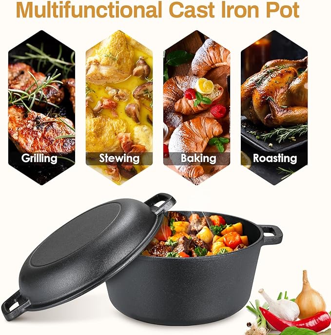 TLGREEN Cast Iron Dutch Oven Pot with Lid, Pot (6.7QT) and Lid as a Skillet(2.5QT) - Dutch Oven Cast Iron with Silicone Holders, Iron Stand, for Oven, Stove, Grill，Campfire