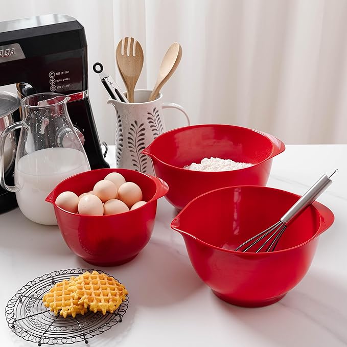 Mixing Bowls Set, 3 Piece Melamine Nesting Bowls with Pour Spout, Non-Slip Base, Great for Prepping, Baking, Mixing Cooking, BPA free and Dishwasher Safe, Red