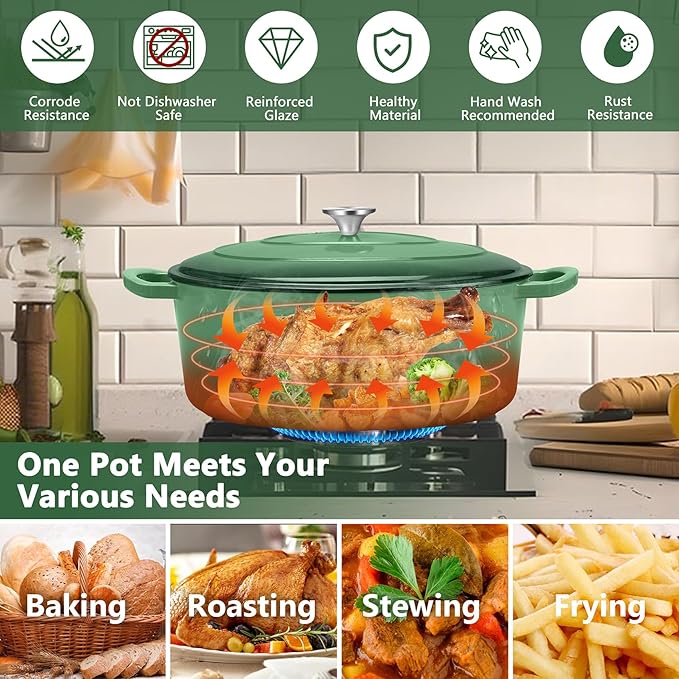 TeamFar Oval Dutch Oven, 5qt Enameled Cast Iron Dutch Oven Pot with Lid, For Bread Baking/Stewing/Braising/Frying, Suitable for Various Stoves, Dual Handles & Easy Cleanup, Basil Green