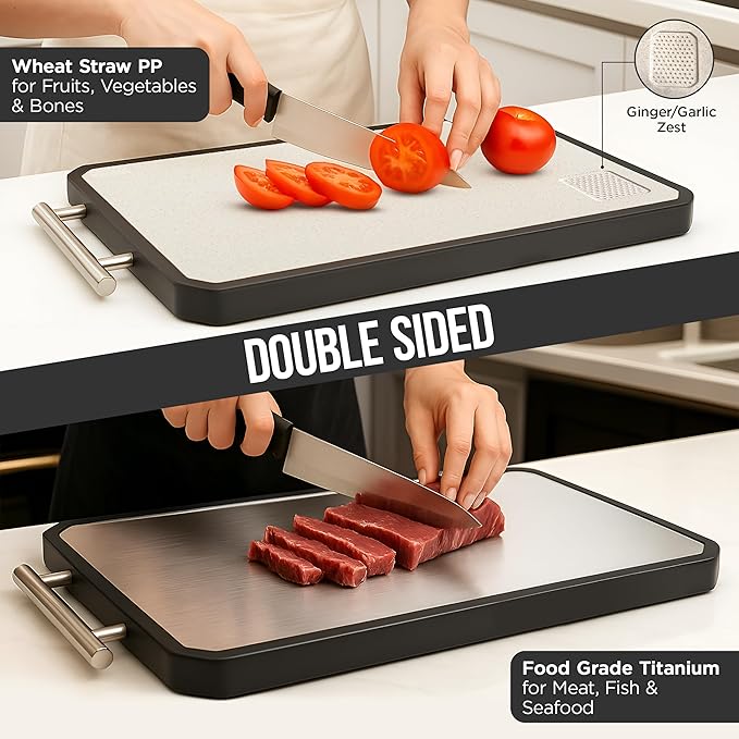 Swing Swagger Titanium Cutting Board for Kitchen with Measuring Scraper – 16” x 11” Double-Sided Metal Cutting Board, Non-Toxic, Food-Grade Titanium & Wheat Straw PP, Steel Grip Handle, Non-Slip Edges