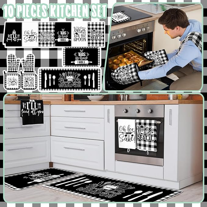12 Pcs Checkered Buffalo Kitchen Oven Mitts and Pot Holders Black and White Dish Towels Farmhouse Kitchen Decor Accessories Set for Chef Baking Cooking Grilling BBQ Women Mom Gift