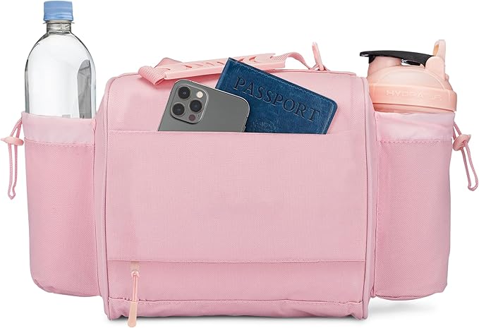 Hydra Cup Insulated Lunch Bag with Containers - Meal Prep Bag Included, Ice Packs, Shaker Bottle, Protein Funnels & Luggage Strap, Travel Meal Bag, Pink