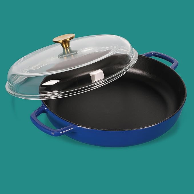 Sur La Table Kitchen Essentials Supper Club 3.75 Quart Enamel Cast Iron All In One Multi-Purpose Non-Toxic Nonstick Braiser Pan W/Borosilicate Glass Lid - Blue
