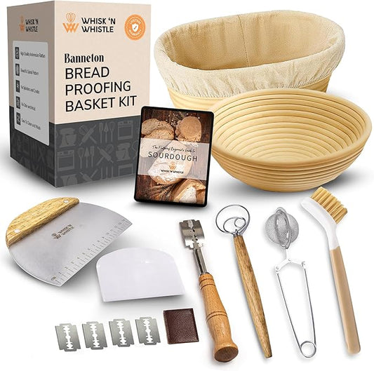 Banneton Bread Proofing Basket Set – Complete Sourdough Bread Baking Supplies – Sourdough Starter Kit – Sourdough Proofing Basket Gift for Bakers - Bread Baskets (9" Round & 10" Oval)