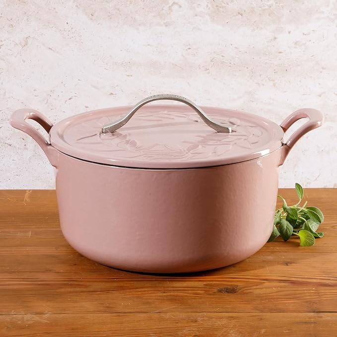 Bloomhouse 7 Qt Cast Iron Dutch Oven W/Embossed Lid, European Enamel, & Walnut Wood Trivet - Orchid Pink