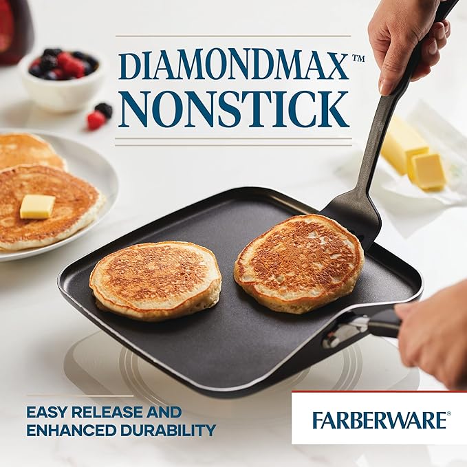 Farberware Cookstart DiamondMax Nonstick Square Deep Grill Pan/Griddle, Dishwasher Safe, 11 Inch - Black