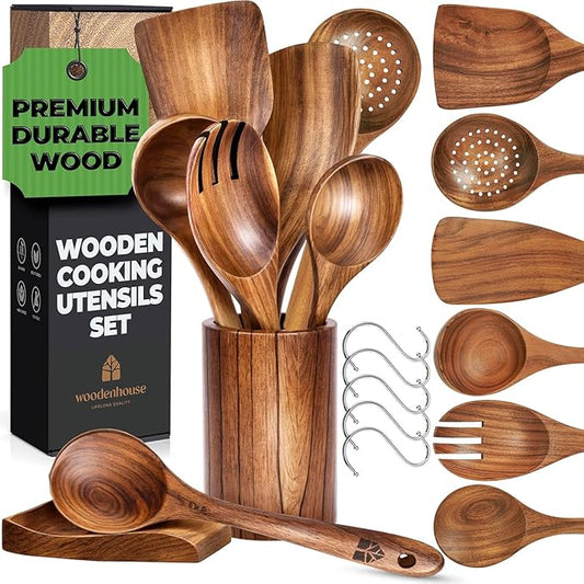 Wooden Utensil Set 8 Pcs – Sturdy & Easy to Clean, Natural Teak Wooden Spoons for Cooking – Non-Scratch Cooking Utensils with Spatula, Turner, Ladle, Spoons, Skimmer, Holder, Spoon Rest & 6 Hooks
