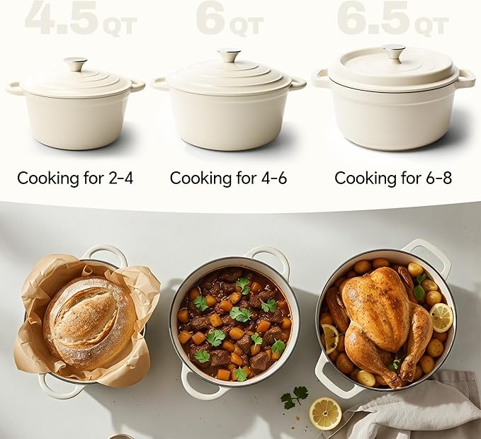 4.5 Quart Dutch Oven Pot with Lid, Non Stick Enameled Cast Iron Dutch Oven for Bread Baking, Heavy-Duty, Oven Safe Ceramic Cookware Up to 500°F for Baking, Braising, Stews, Roasting, Beige