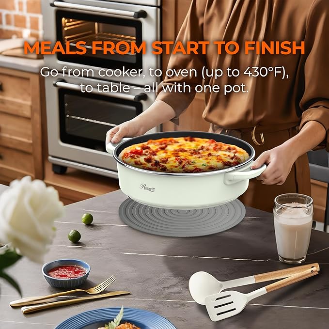 Rosewill 12.7 QT Electric Hot Pot Slow Cooker with Multiple Functions, Split Design with 11.8 inch Wider Cooking Pot and SUS Steam Basket, 1600W High Power, Includes Utensils - Light Green