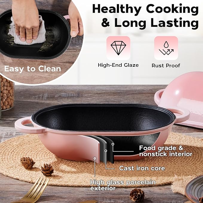 Onader Enameled Cast Iron Sourdough Bread Oven, 2.8QT Oval Dutch Oven, Loaf Cast Iron Bread Pan with Lid for Homemade Bread Baking, 9x5-1/2 Inch Meatloaf Pan, Heavy Duty - Pink
