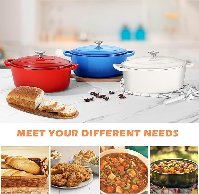TeamFar 7QT Oval Dutch Oven, Enameled Cast Iron Dutch Oven Pot with Lid, For Bread Baking/Stewing/Braising/Frying, Suitable for Various Stoves, Non-stick & Easy Clean, Red