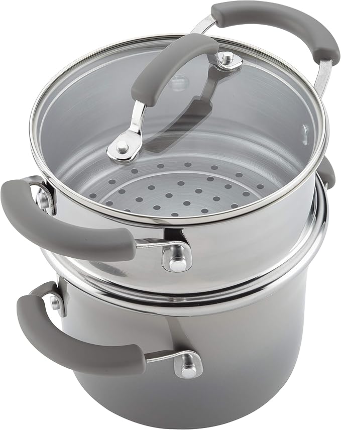 Rachael Ray Brights Sauce Pot/Saucepot with Steamer Insert, 3 Quart, Two-Tone Sea Salt Gray
