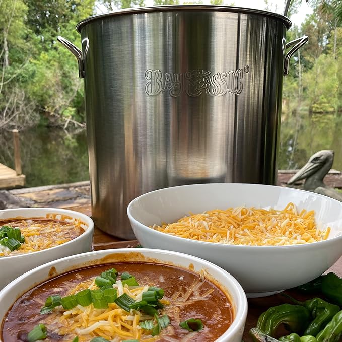 Bayou Classic 1430 30-qt Stainless Stockpot Features Heavy Duty Welded Handles for Secure Handling Domed Lid Perfect For Large Batch Cooking of Soups Stews Chili and Gumbo
