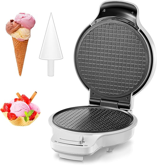 FOHERE Waffle Cone Maker Machine and Ice Cream Bowl Maker with Temperature Control, Double Side Nonstick Waffle Bowl Maker with Cone Roller, 7.5” Thin Waffle Maker for Home Kitchen (White)
