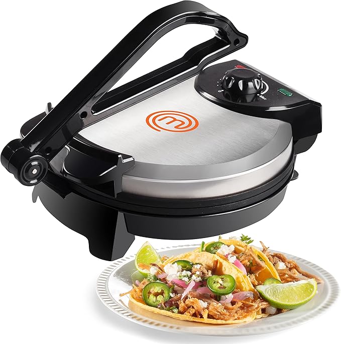MasterChef Electric Tortilla Maker- Homemade Flatbread, Pitas, Bread, Tortillas- Heavy Duty, Non-stick Cooker is Easier than Tortilla Press, Adjustable Temperature Control and Uniform Baking, Gift