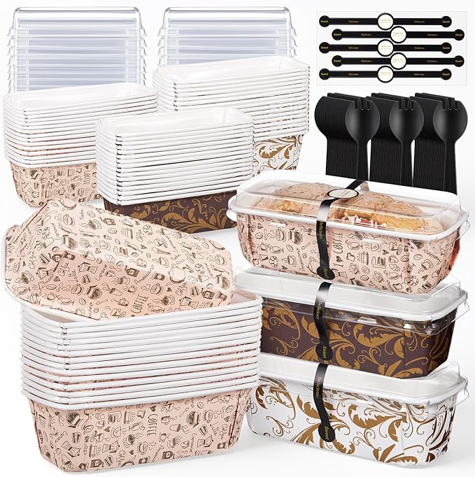 60 Pcs 6.3 x 2.1 x 2.1 Inches Paper Loaf Pan Disposable Paper Baking Pan with Lids for Cake Bread Oven Loaf Bakery Holiday Wedding Halloween Christmas Thanksgiving Gifts