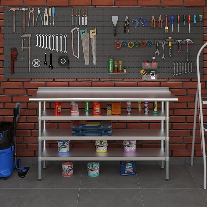 AmGood Stainless Steel Work Table with 1.5" Backsplash and 3 Shelves | Metal Kitchen Food Prep Table | NSF (60" Long x 18" Deep)