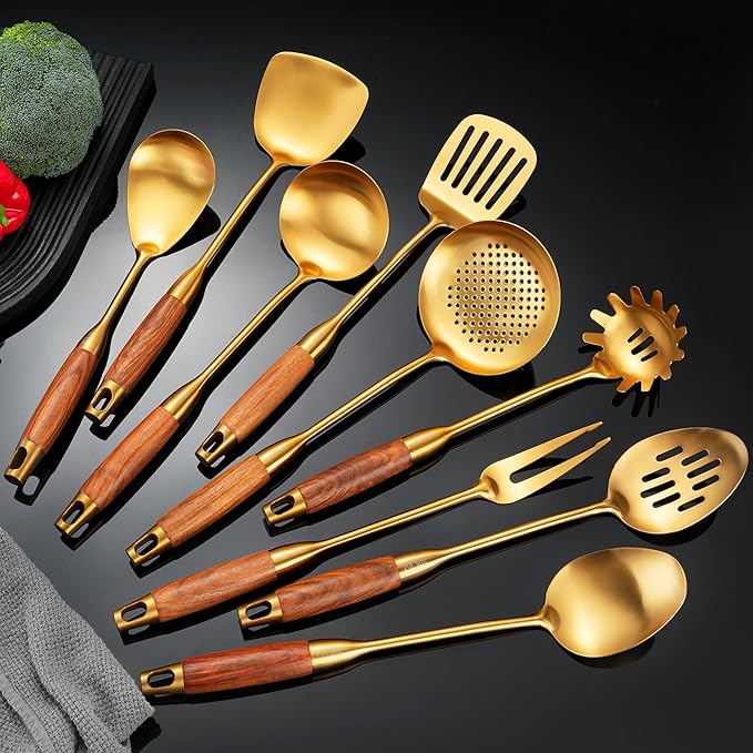 Gold Kitchen Utensils Set, 9 PCS Stainless Steel Cooking Utensils with Wood Handle, Solid and Slotted Spoon, Fork, Spatula, Ladle, Skimmer, Slotted Tunner, Spaghetti and Large Spoon