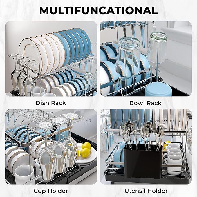Pumokc Dish Drying Rack, Expandable Large Capacity 2 Tier Dish Drying Rack, Stainless Steel Dish Drainer with Utensil Holder, Adjustable Width for Kitchen Counter,Black