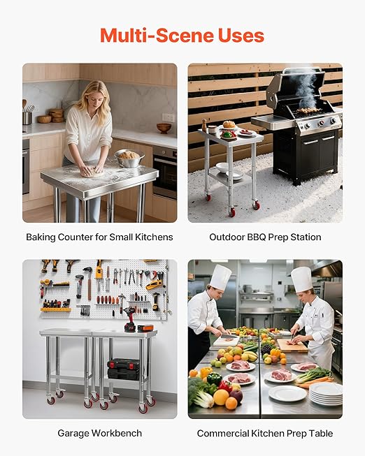 VEVOR Stainless Steel Table, 24 x 18 Inches Food Prep Worktable with Wheels, Kitchen Prep Table with Adjustable Undershelf Workstations for Commercial Kitchen, Restaurant, Hotel and Garage, Outdoor