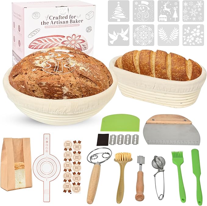 Banneton Bread Proofing Basket Set, 9" Round & 10" Oval Sourdough Bread Baking Supplies, Sourdough Starter Kit, Bread Making Tools Gift Set for Beginner Professional Bakers